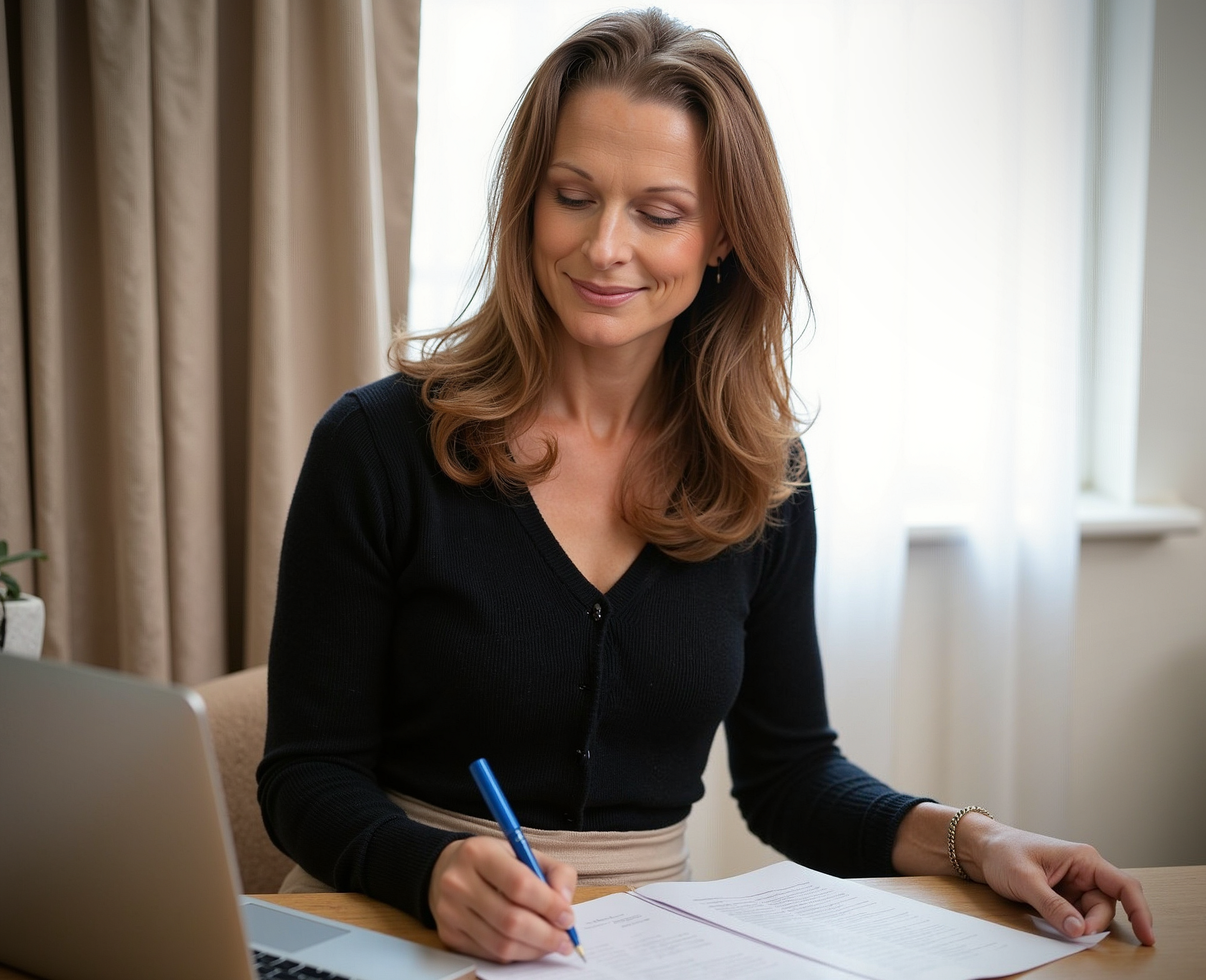 April Bartlett writing at her desk